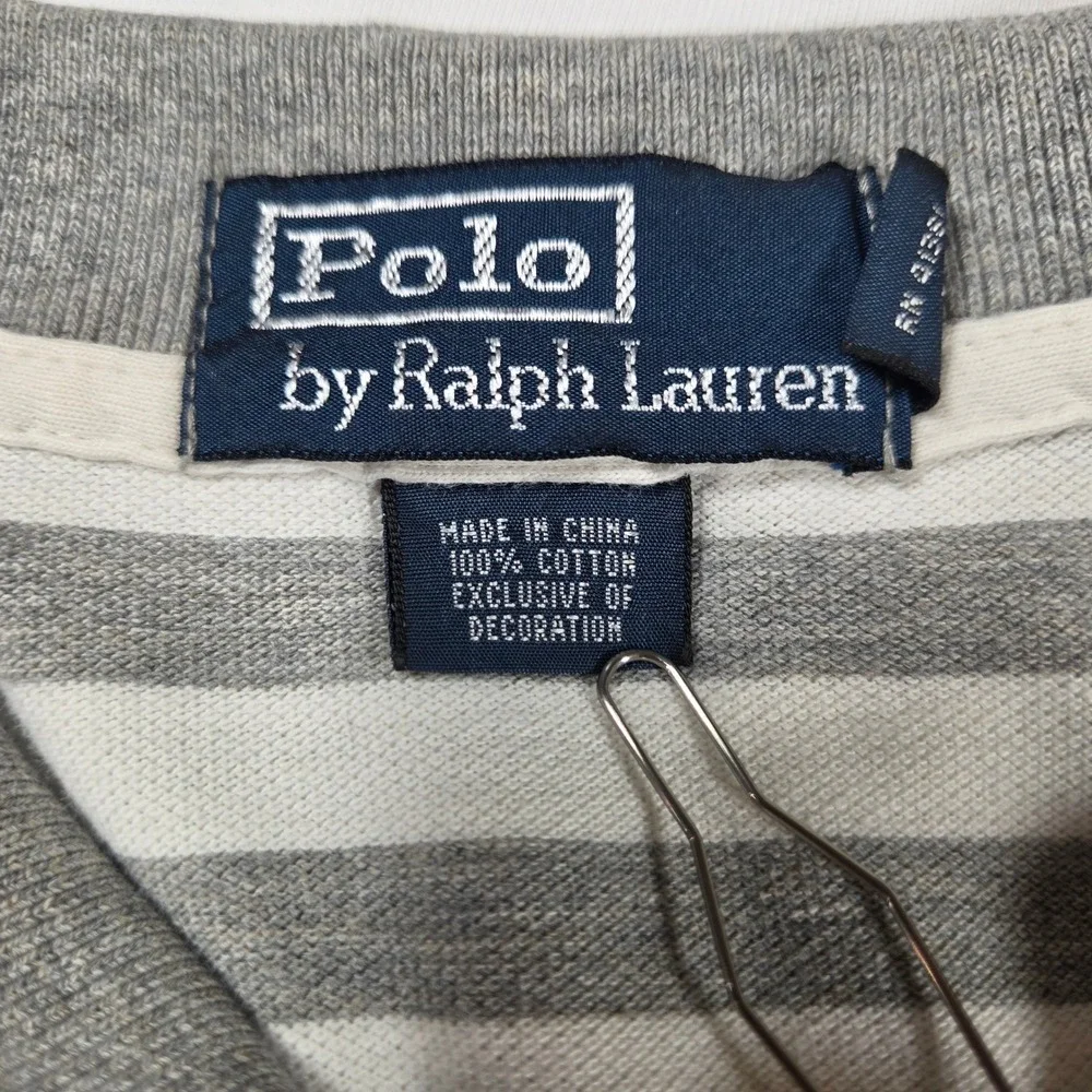Polo Ralph Lauren Mens Large Grey White Striped Short Sleeve Pique Polo Shirt